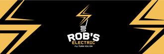 A logo for rob 's electric company with a lightning bolt on a black background.