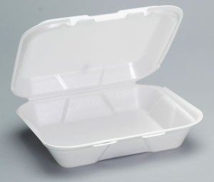 A white styrofoam container with the lid open