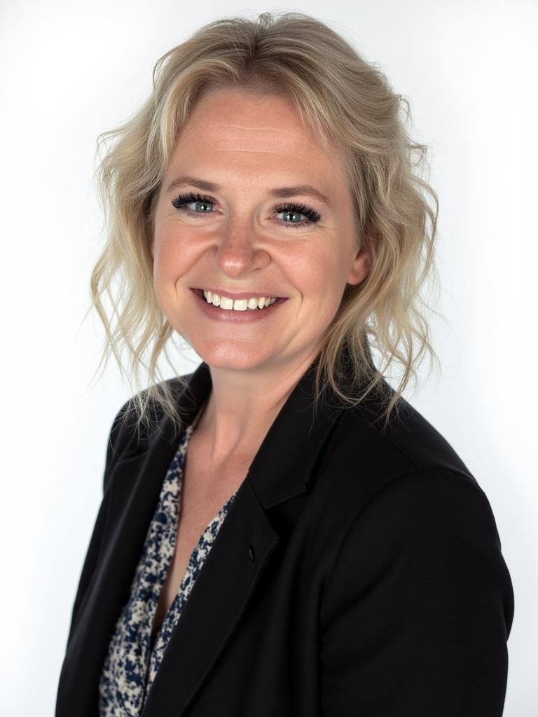 Woman with blonde hair, smiling, wearing a blazer and patterned shirt, against a white backdrop.