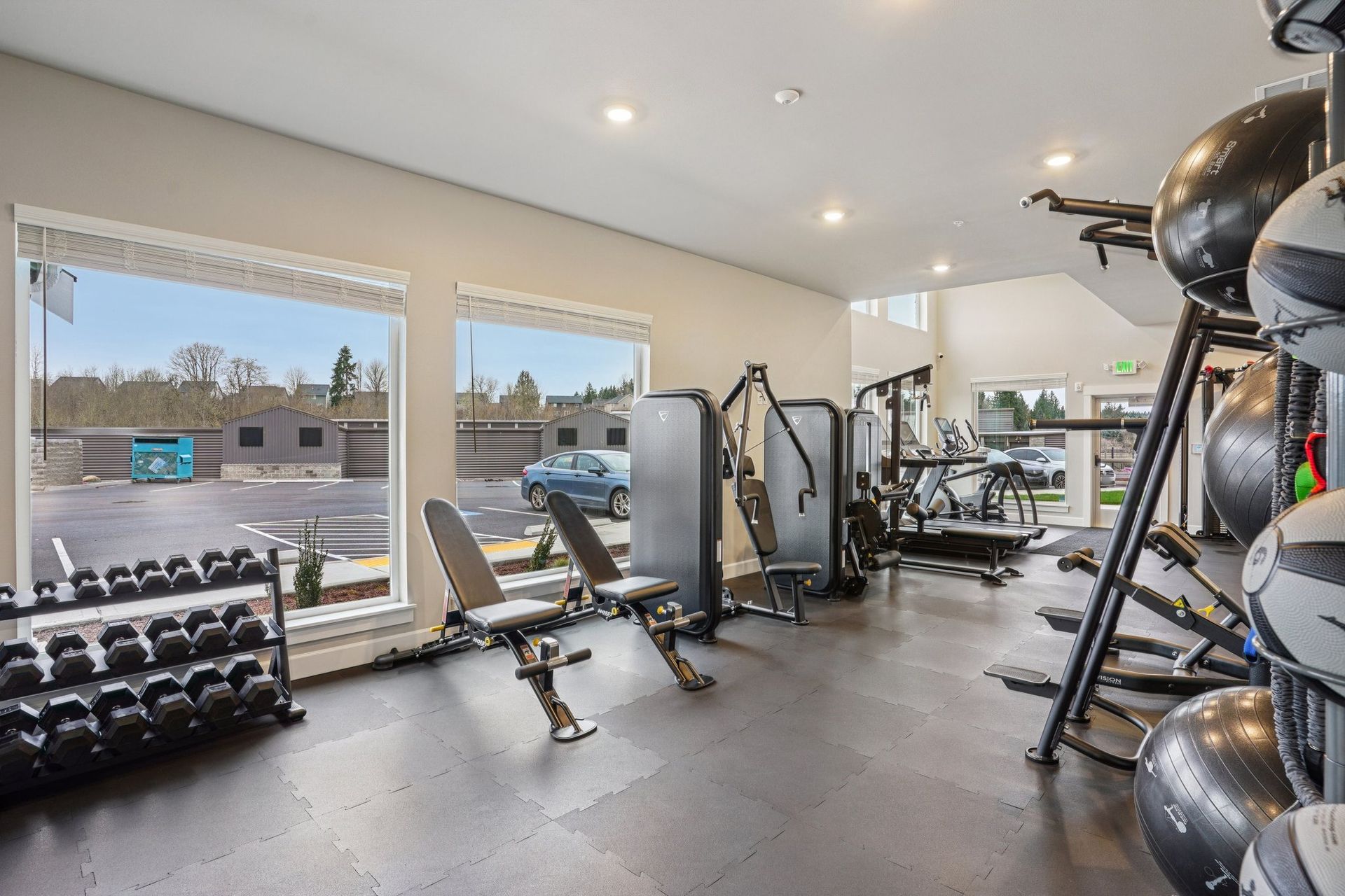 Bright home gym with weights, benches, and exercise machines beside large windows.
