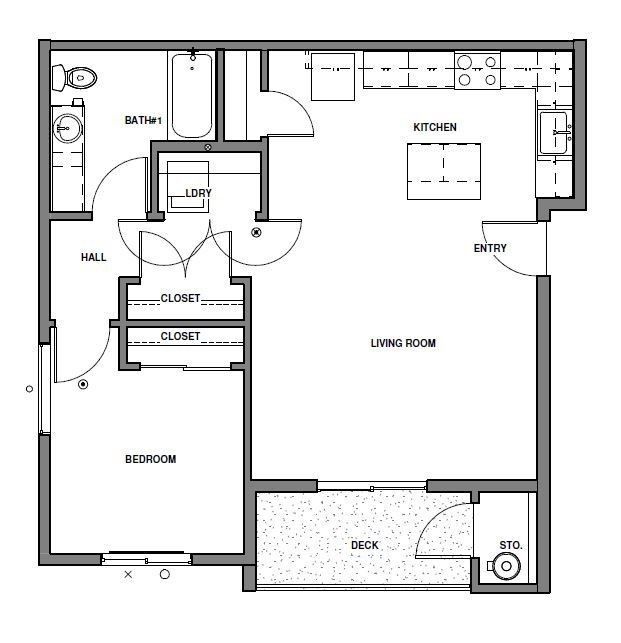 Black-and-white apartment floor plan with bedroom, bathroom, kitchen, living room, closet, balcony, and patio.