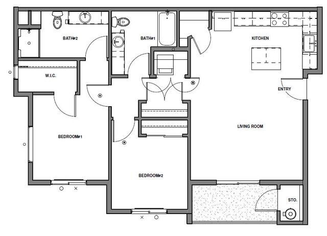 Black-and-white floor plan showing bedrooms, living room, kitchen, bath, and stairs.