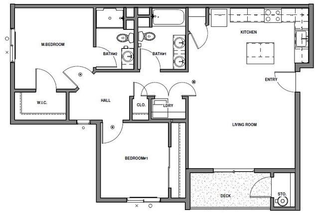 Black-and-white floor plan of a home with bedroom, kitchen, living room, bath, hall, and deck.