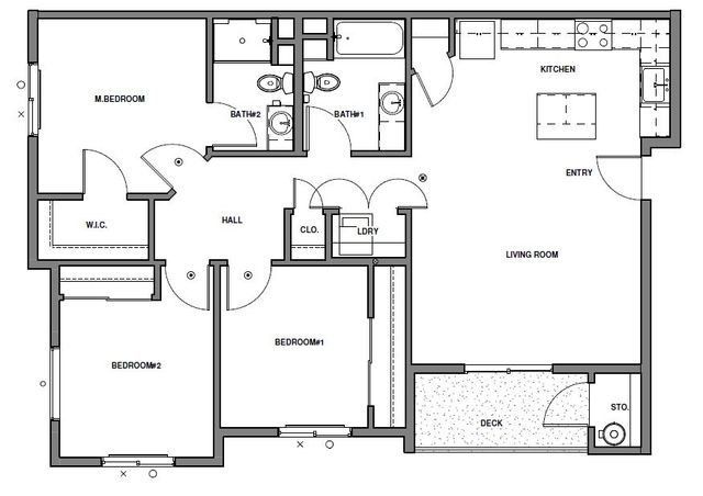 Black-and-white floor plan of an apartment with bedrooms, bathrooms, living room, and kitchen.