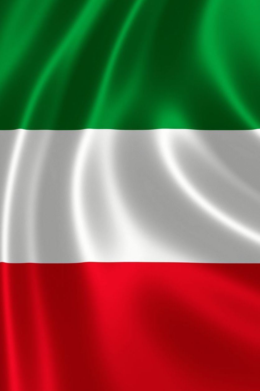 Bandera de Kuwait: rayas horizontales verdes, blancas y rojas, tela ondulada.