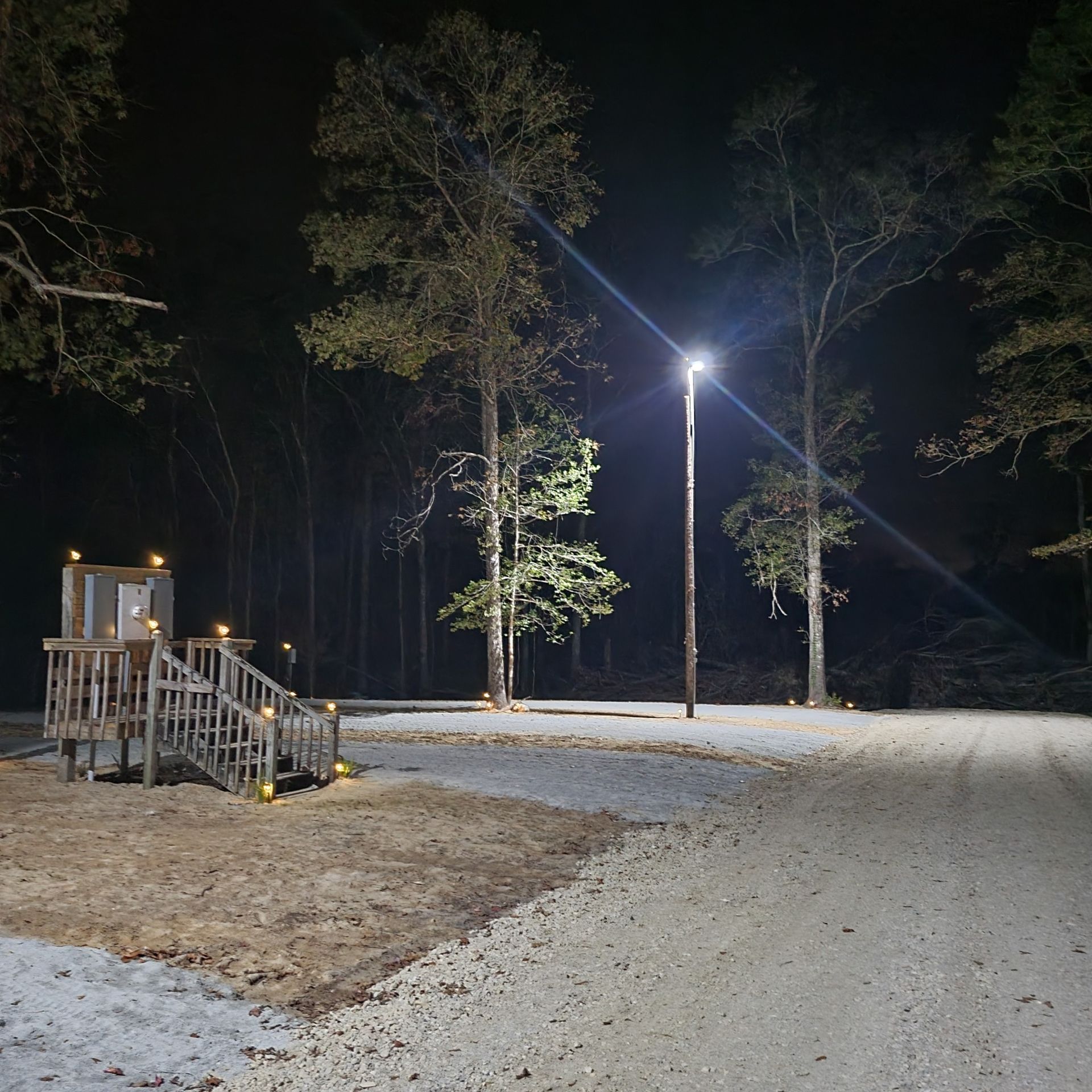 A dirt road is lit up at night with trees in the background