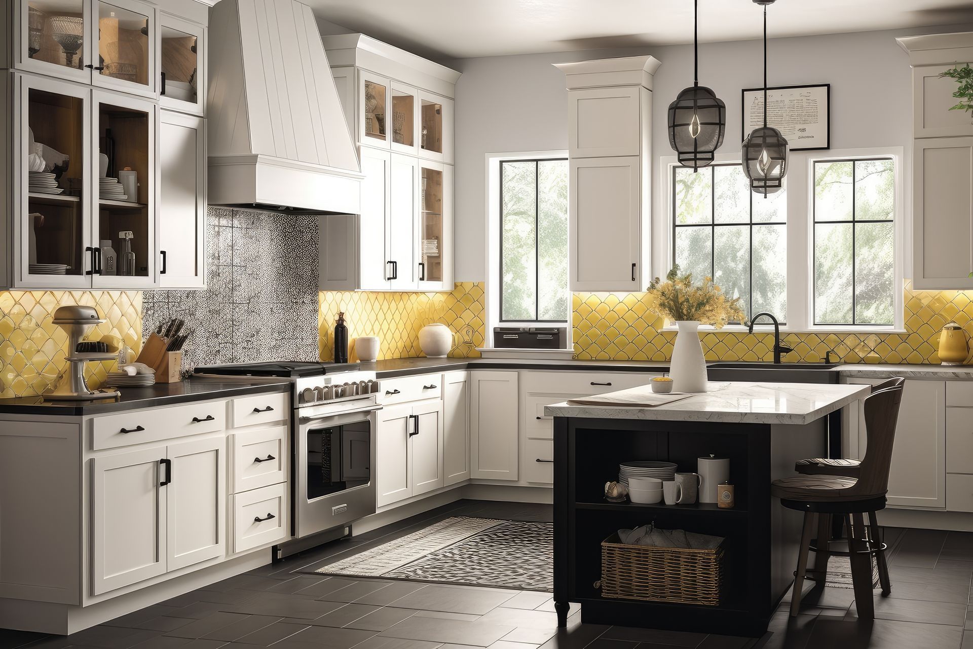 A charming cottage kitchen with white cabinetry and black details, adorned with vibrant yellow accents.