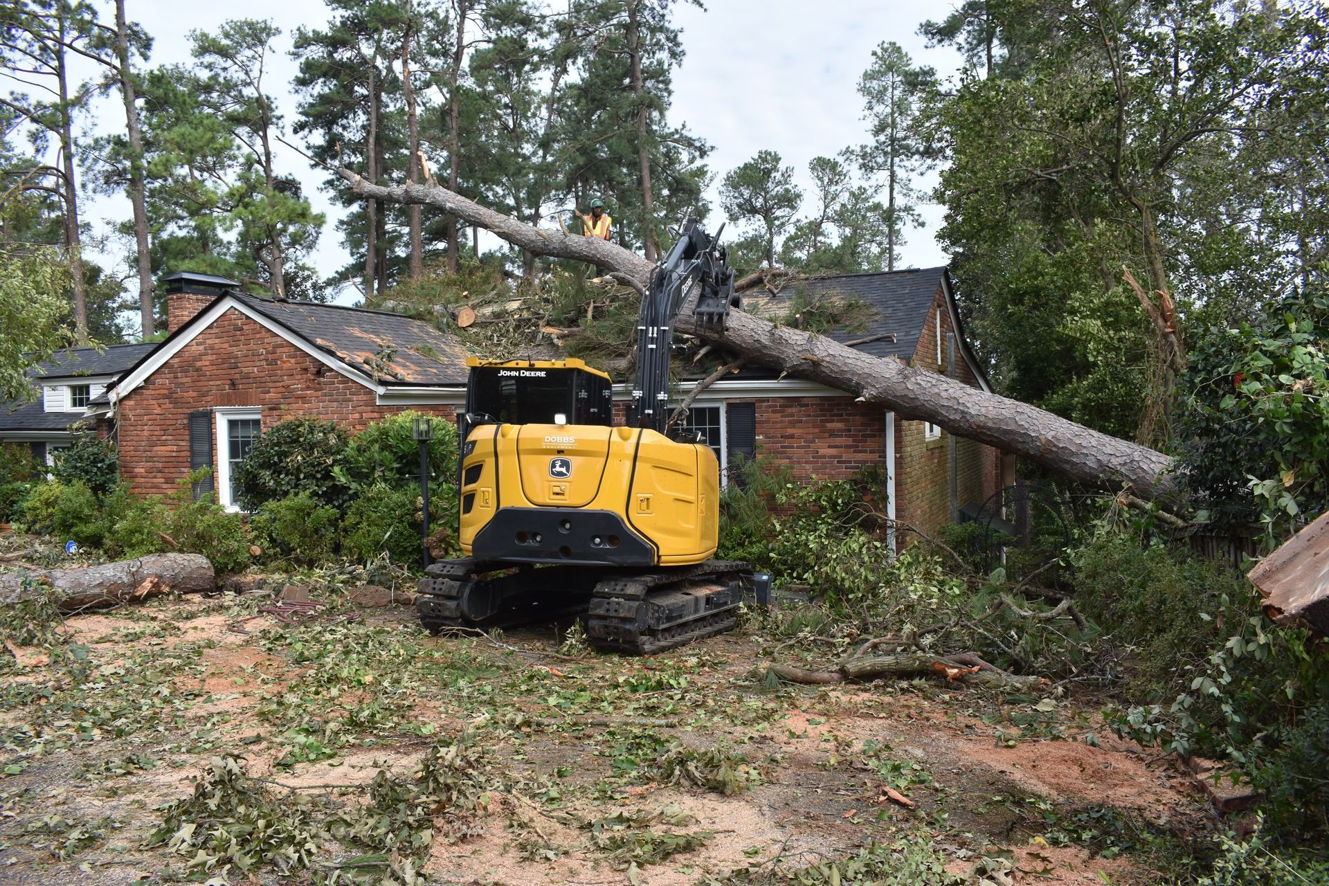 A chainsaw is sitting on top of a tree stump.
