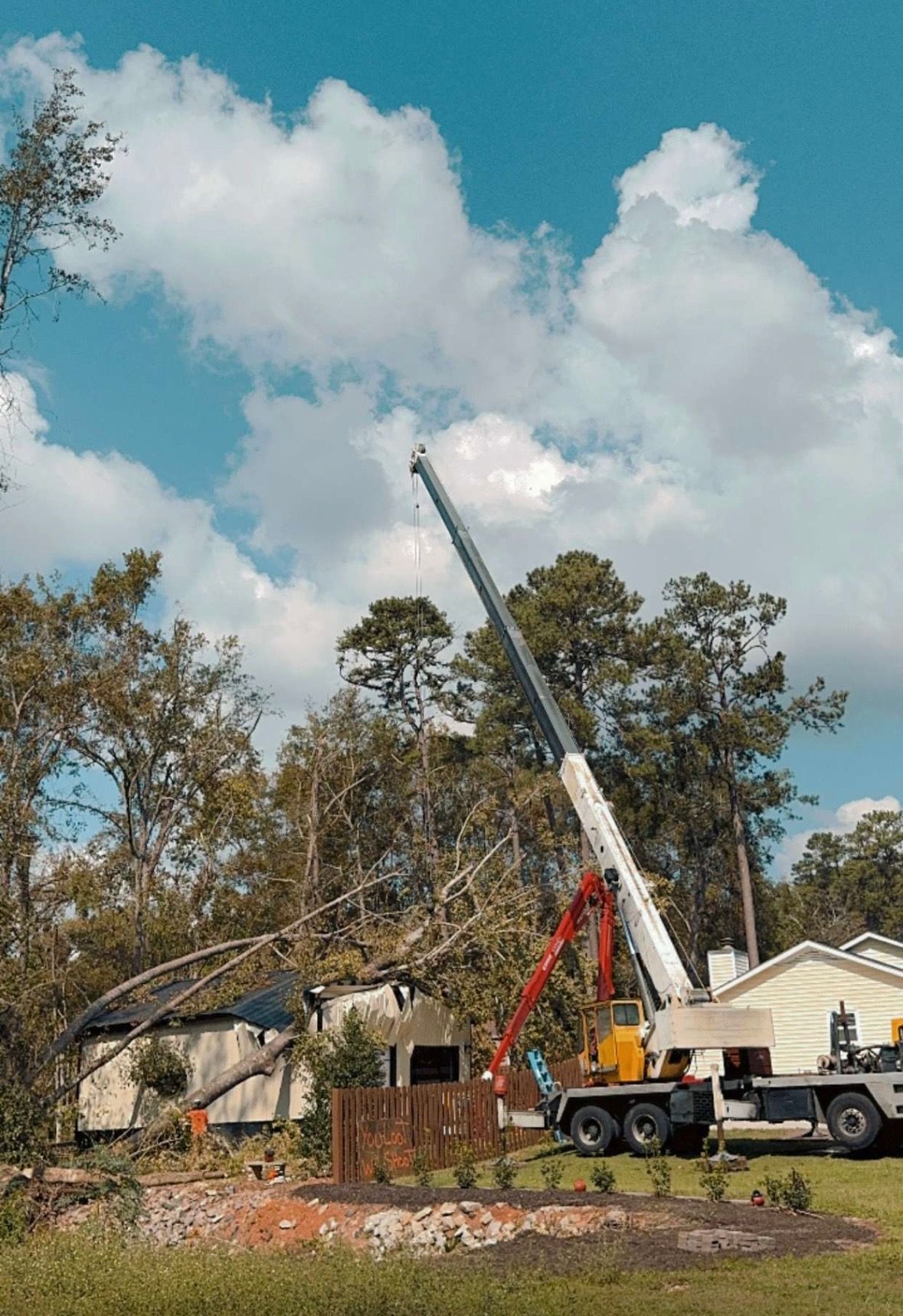 A crane is lifting a tree in front of a house.