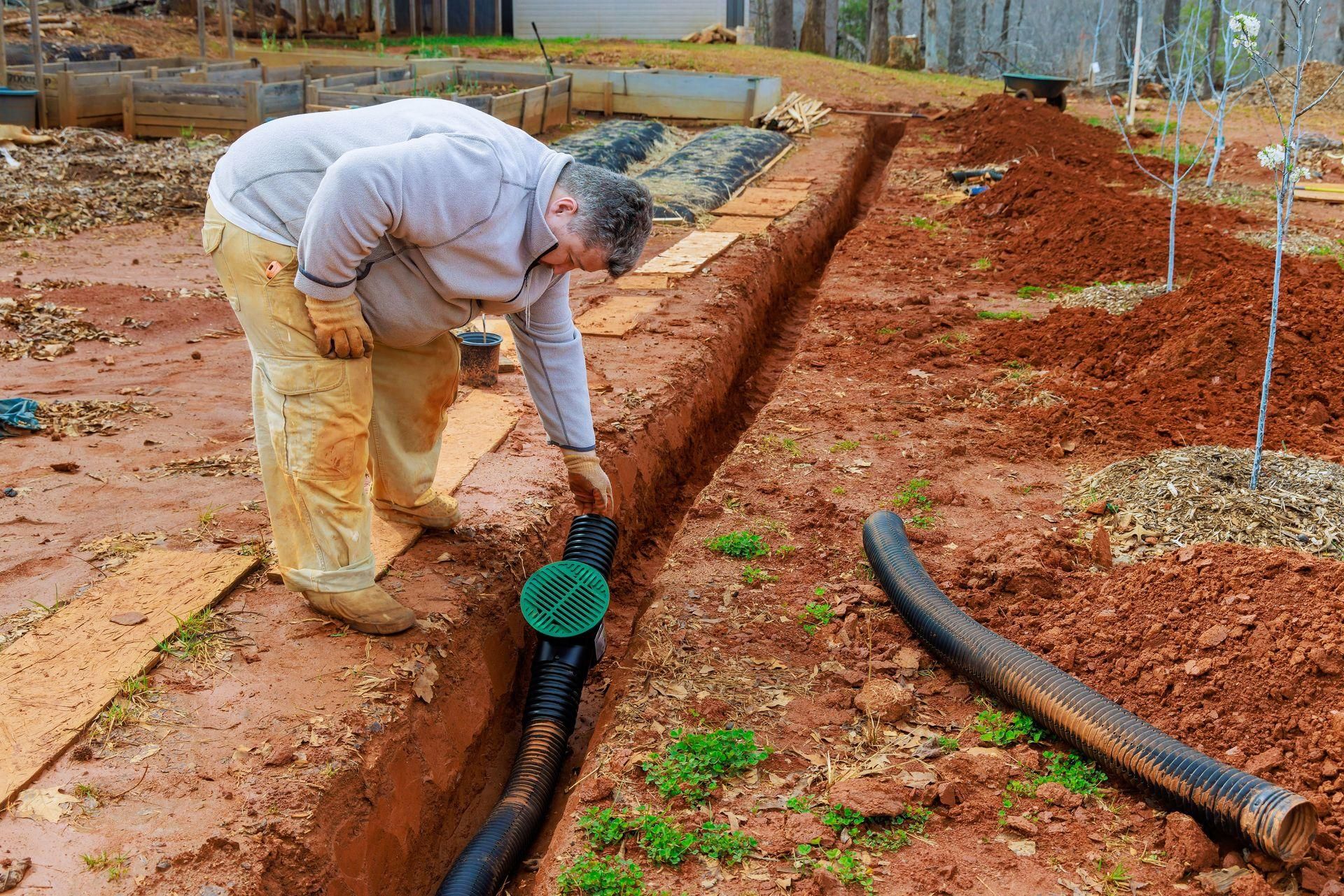 A man is working on a drainage system in the dirt.