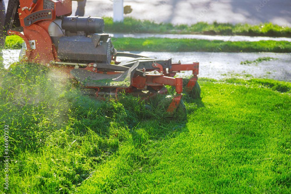 A person is mowing a lush green lawn with a lawn mower.