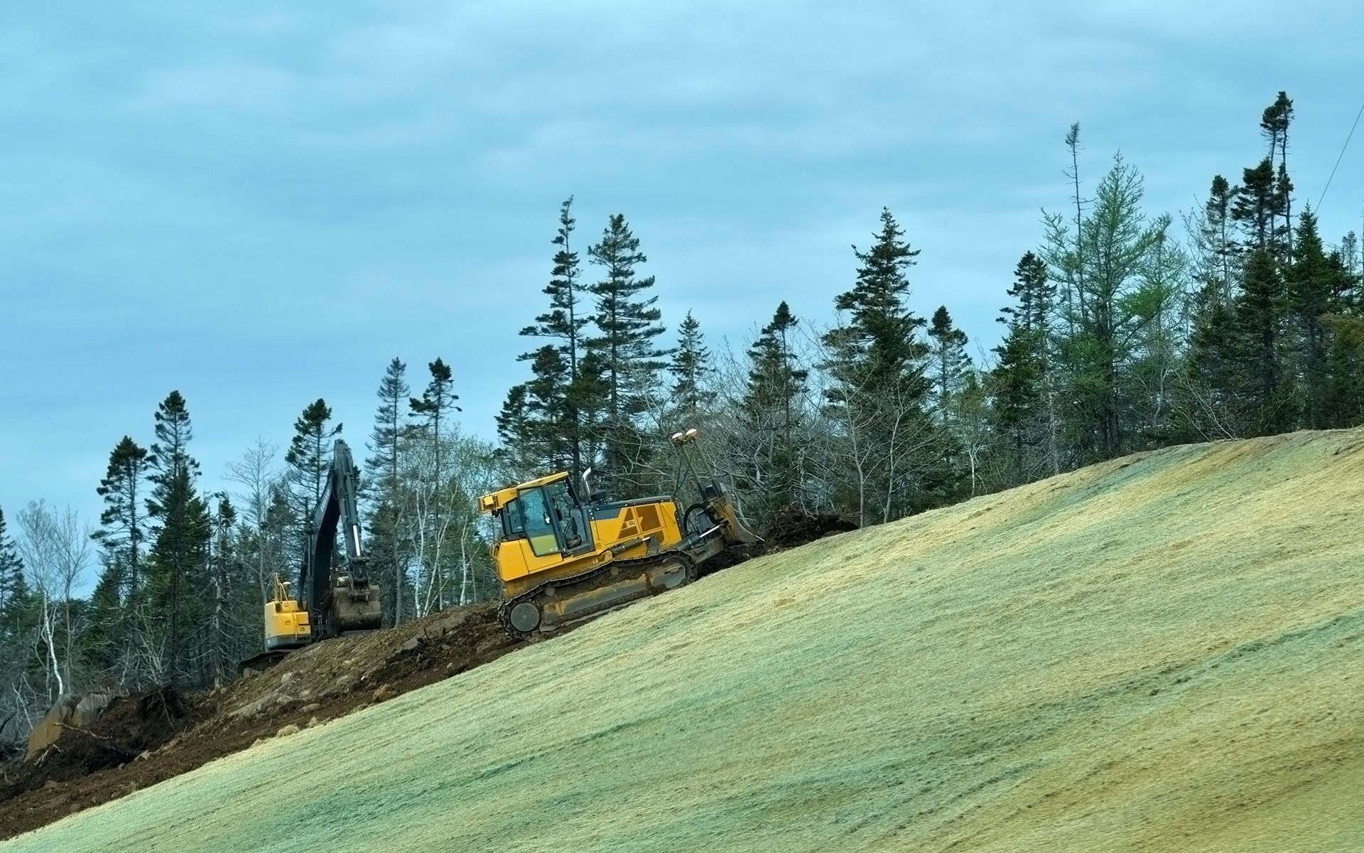 Yellow bulldozers clearing a hillside, trees in the background, under a cloudy sky.