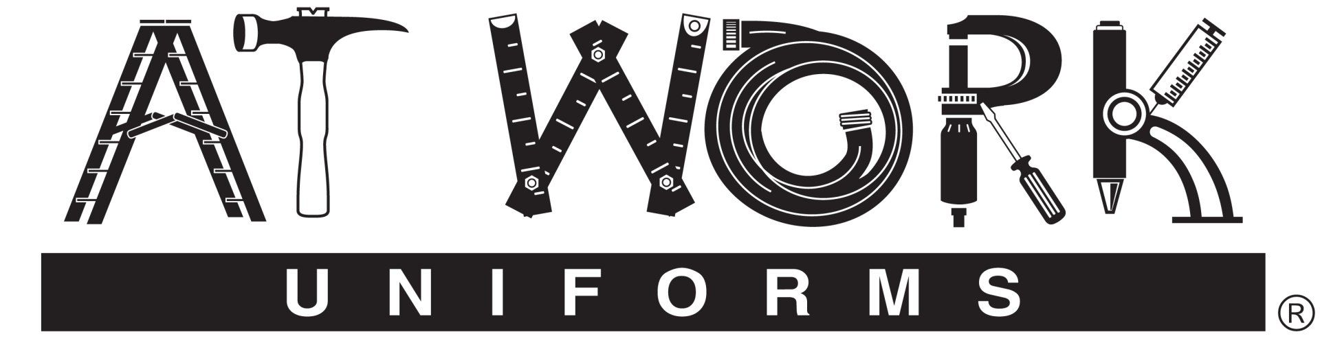 A black and white logo for at work uniforms