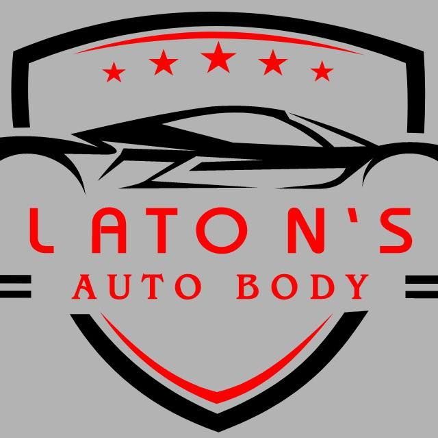 Logo for LATO N'S AUTO BODY featuring a black car silhouette, red text, and a shield design.