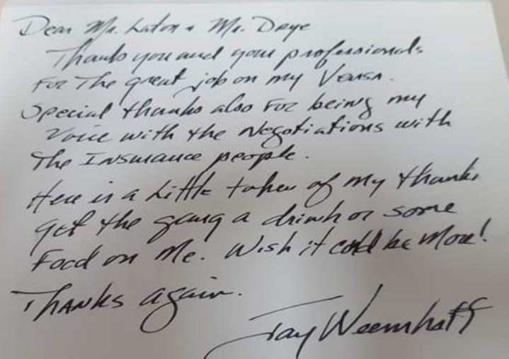 Handwritten thank-you note to Mr. Latex and Mr. Doye, expressing gratitude for their professional help and negotiations.