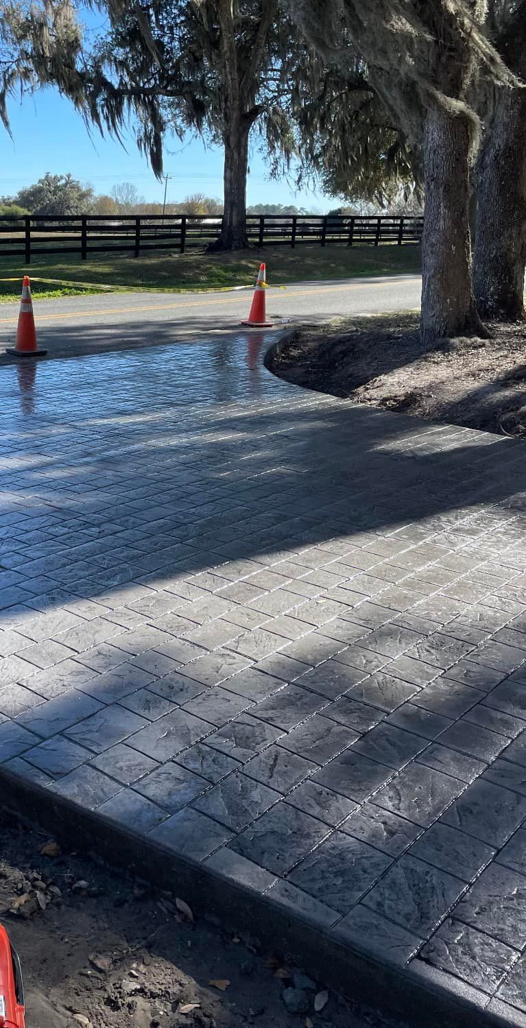 A puddle of water is sitting on the side of a road next to a tree.