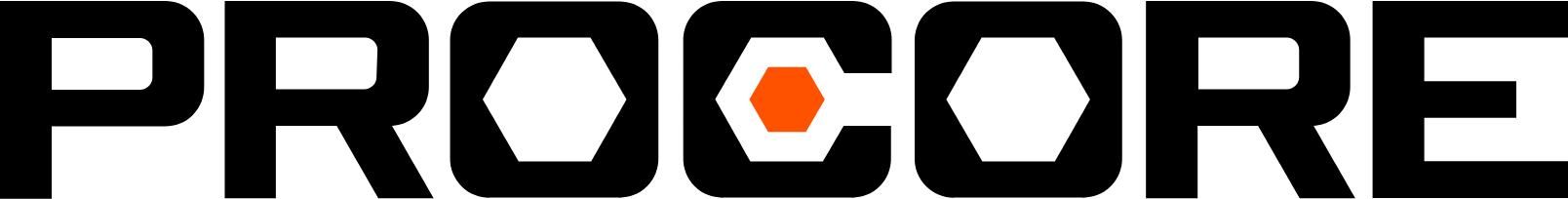 A black and white logo for procore with an orange circle in the middle
