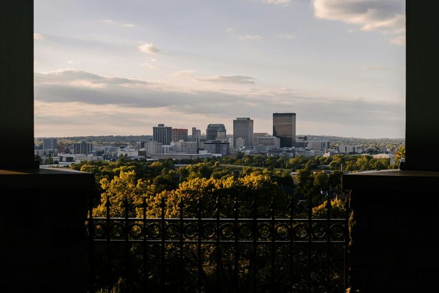 A view of a city from a balcony with trees in the foreground