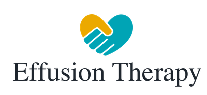 Logo for Effusion Therapy featuring a golden and teal handshake forming a heart shape above the text.