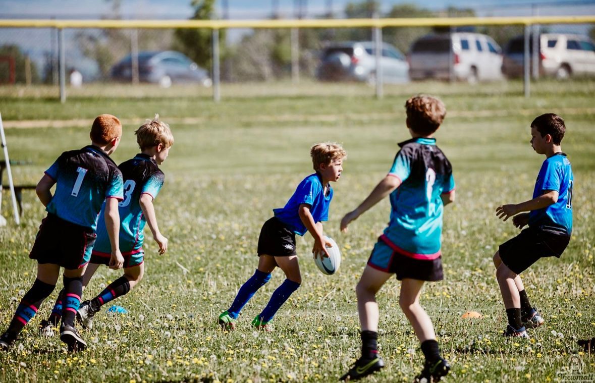 Boys playing rugby on a grassy field. One boy runs with the ball, others in blue/black jerseys chase.