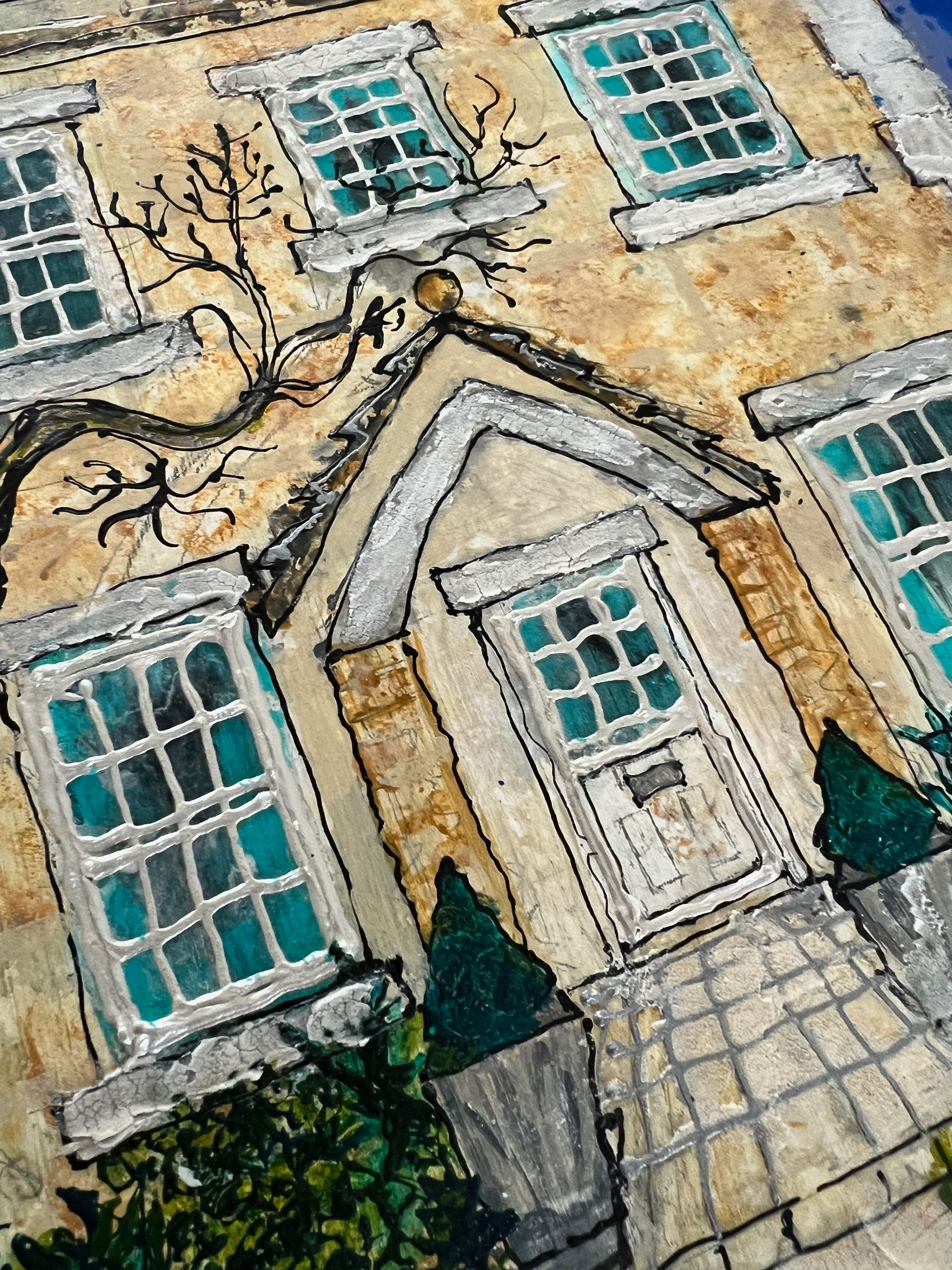 Watercolor painting of a house with many windows and an arched entryway. Green and teal accents.
