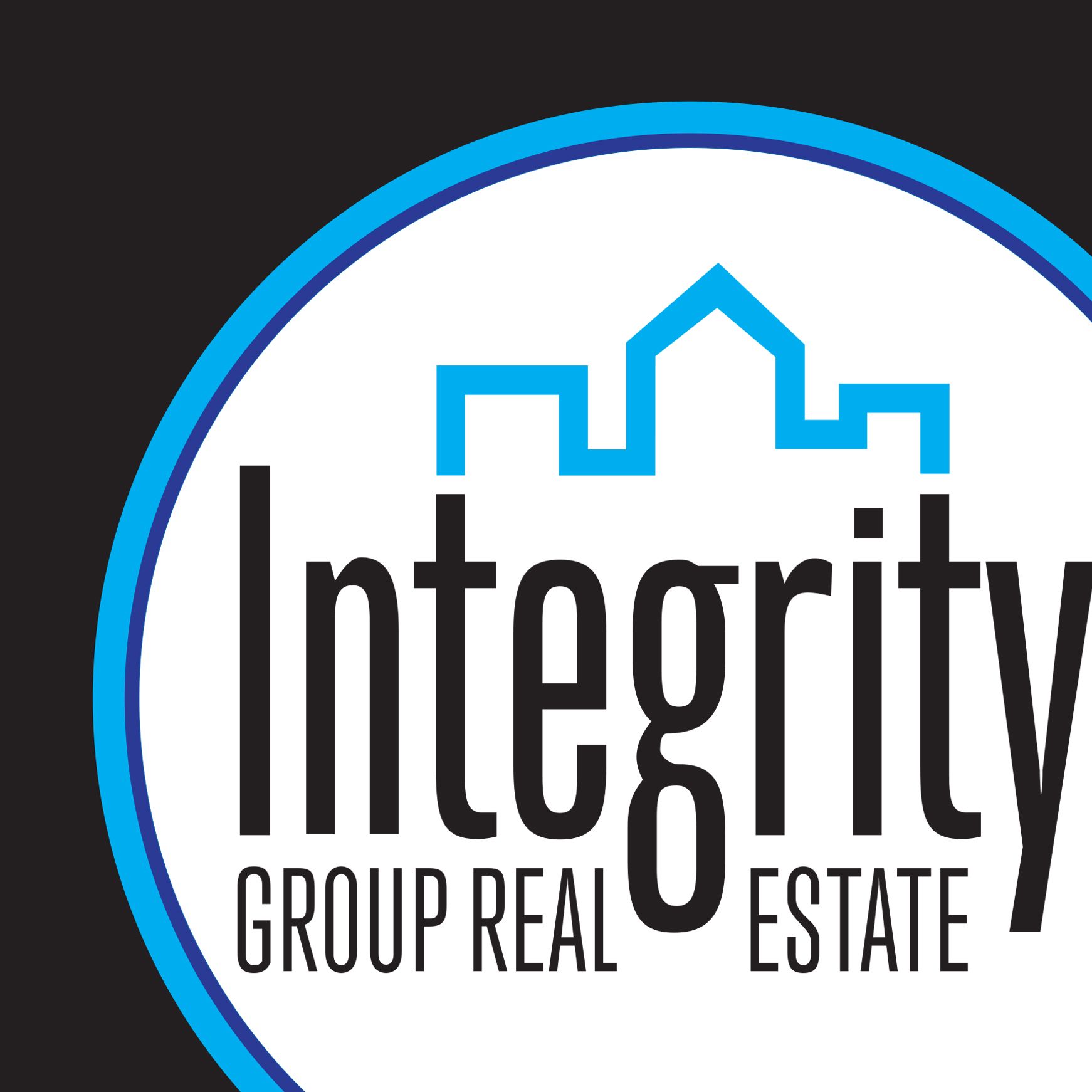 Integrity Group Real Estate logo: White circle with blue border, black text, blue house icon on black background.