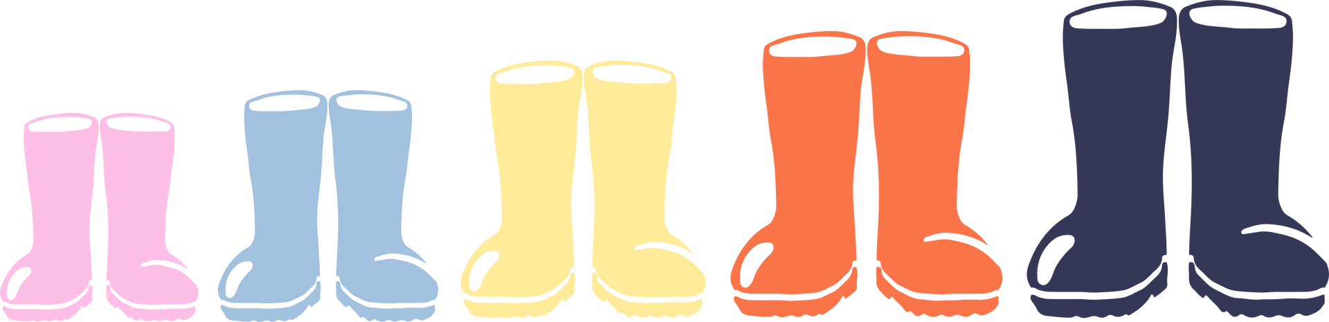 A row of coloured welly boots