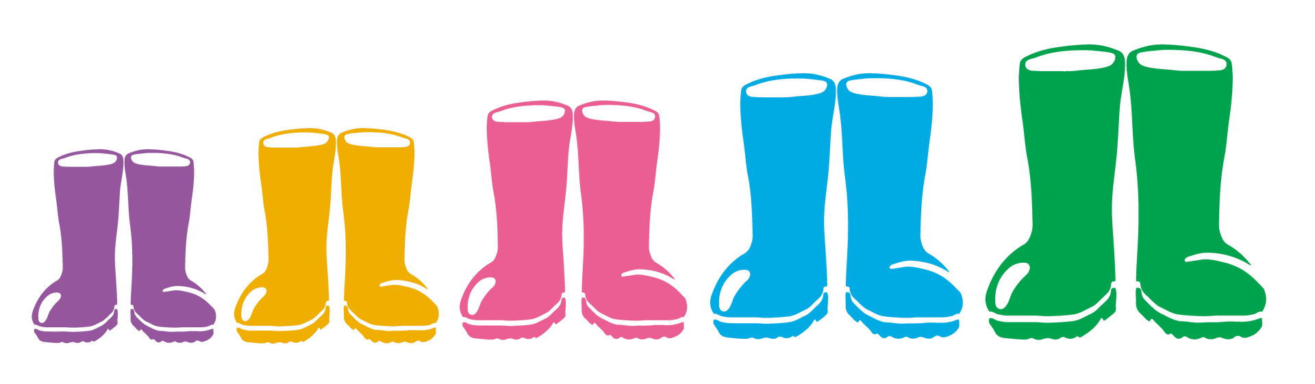 A row of coloured welly boots