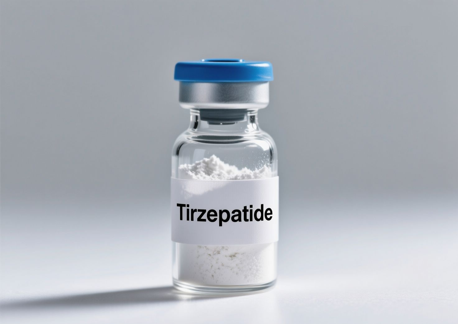 Vial of Tirzepatide medication with a white powder inside, blue cap, white label.