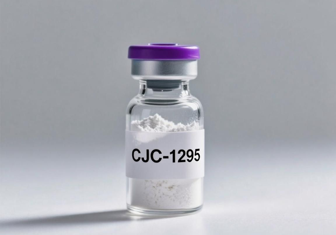 Vial of Tirzepatide medication with a white powder inside, blue cap, white label.