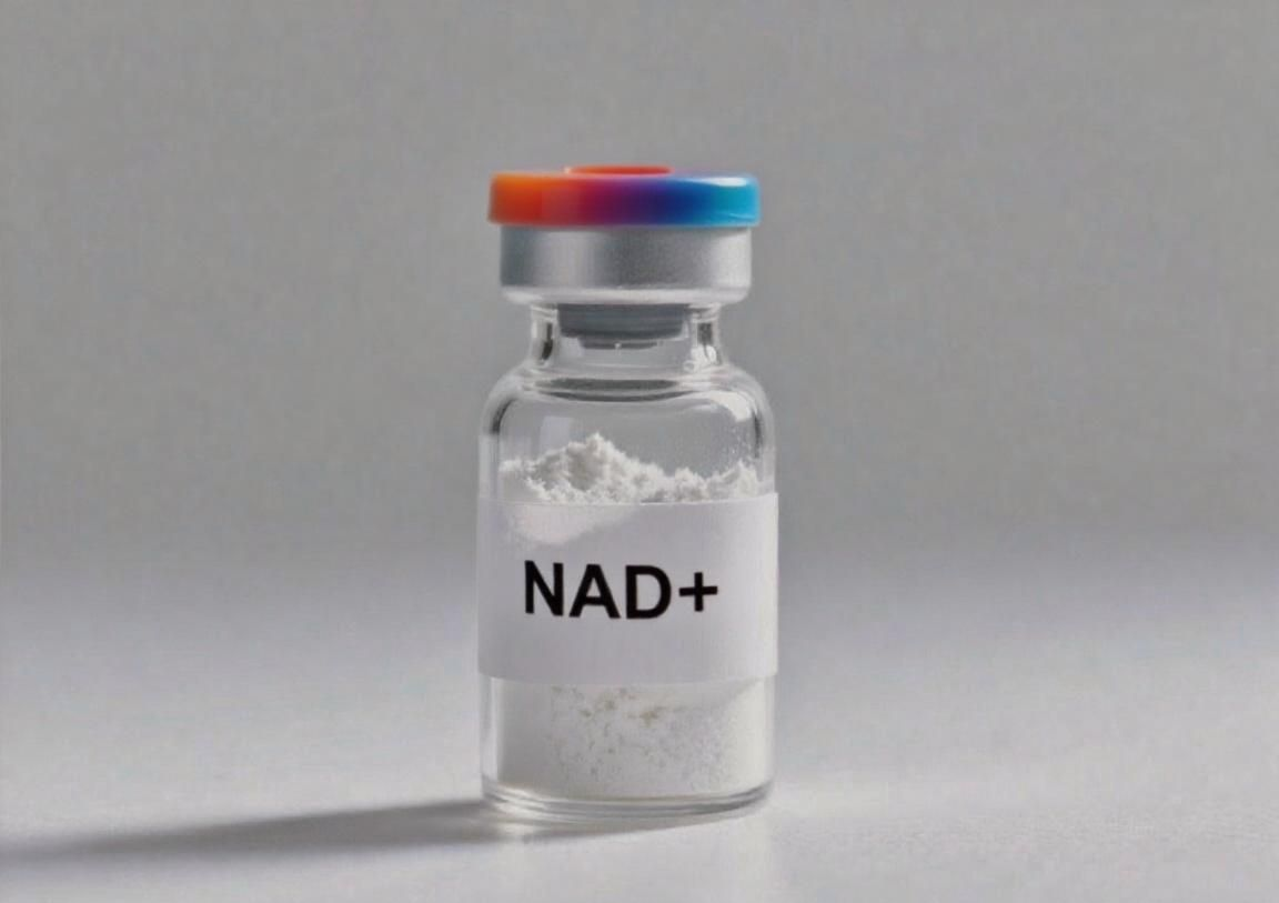 Vial of Tirzepatide medication with a white powder inside, blue cap, white label.