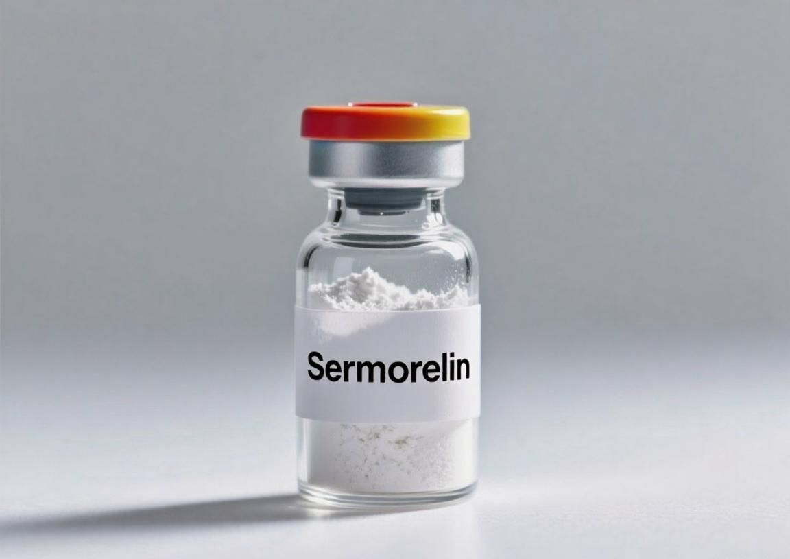 Vial of Tirzepatide medication with a white powder inside, blue cap, white label.