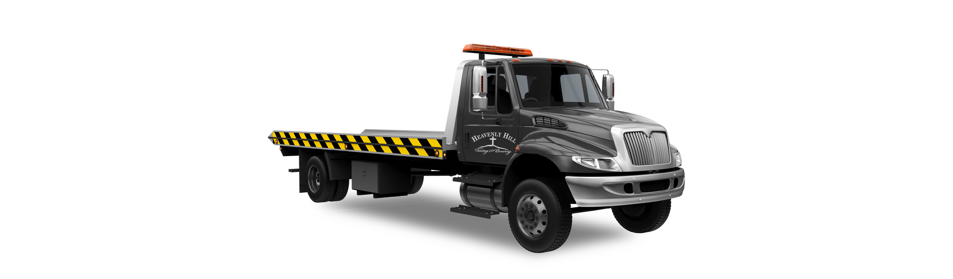 A tow truck with a flat bed on a white background.
