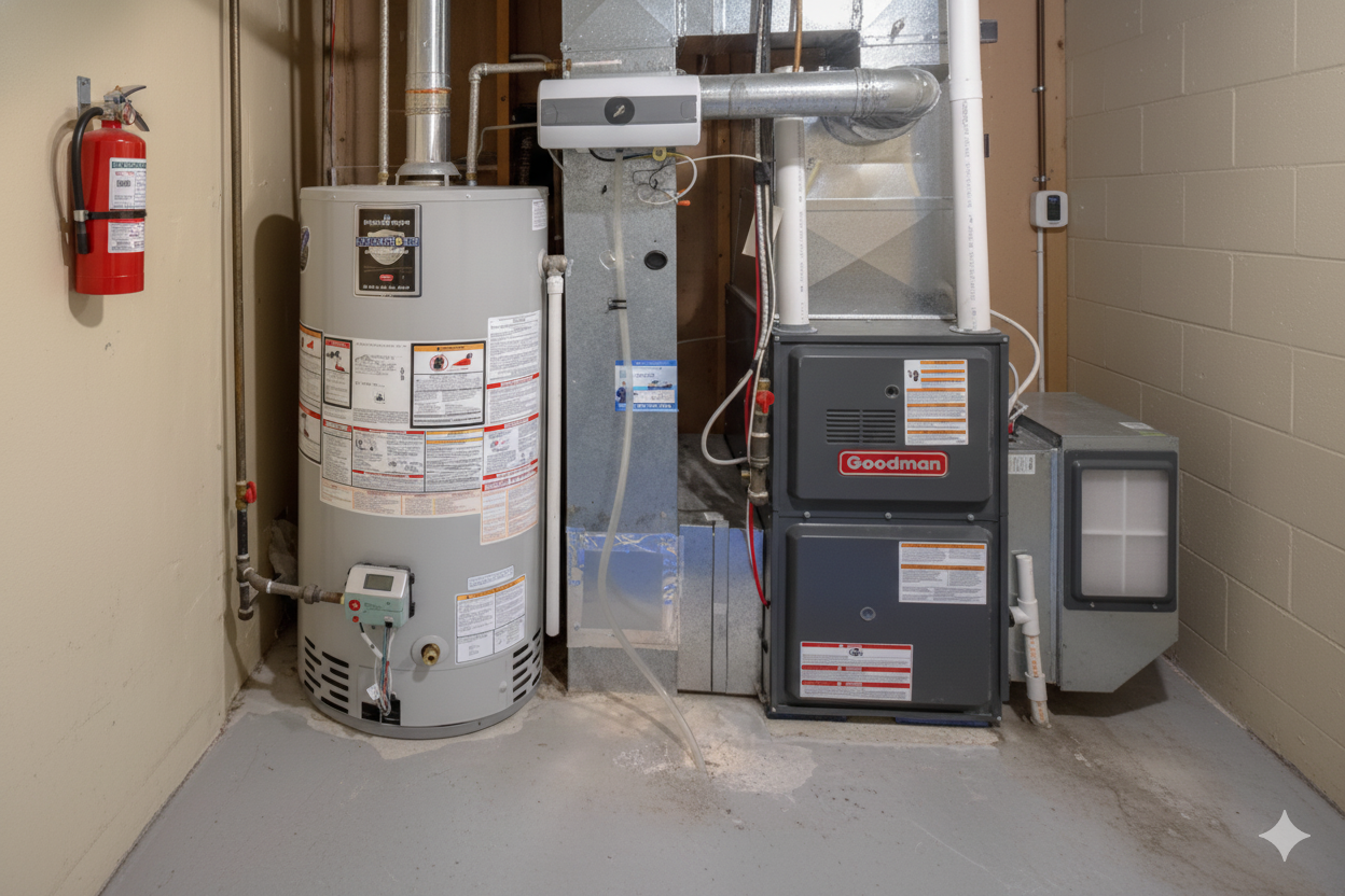 A hot water heater and an HVAC furnace unit situated in a corner next to a wall-mounted fire extinguisher.