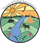 Round emblem featuring a landscape with a river, animals, teepee, eagle, and sun. 