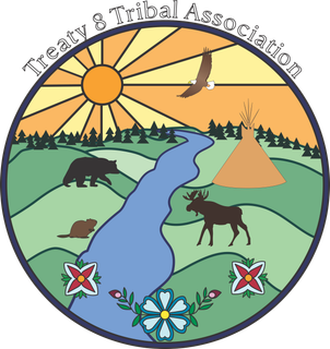 Round emblem featuring a landscape with a river, animals, teepee, eagle, and sun. 