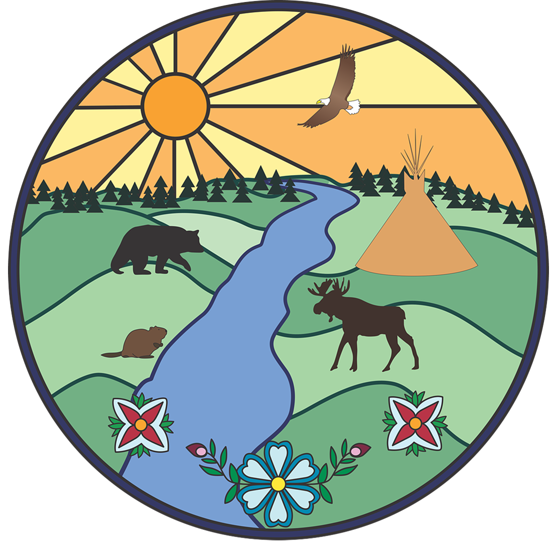 Circular scene: sun, eagle, river, bear, beaver, moose, teepee, trees, and flowers.