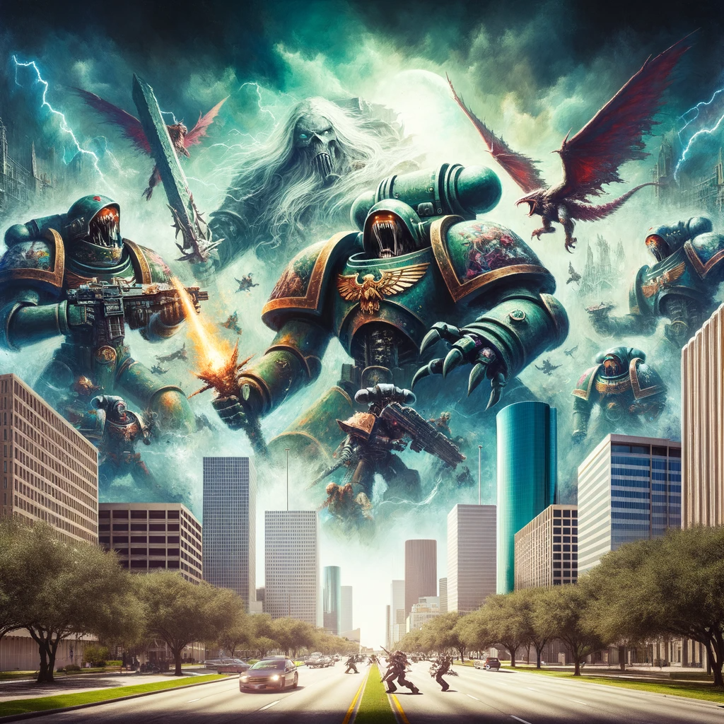 Dynamic Warhammer battle scene with Houston cityscape backdrop