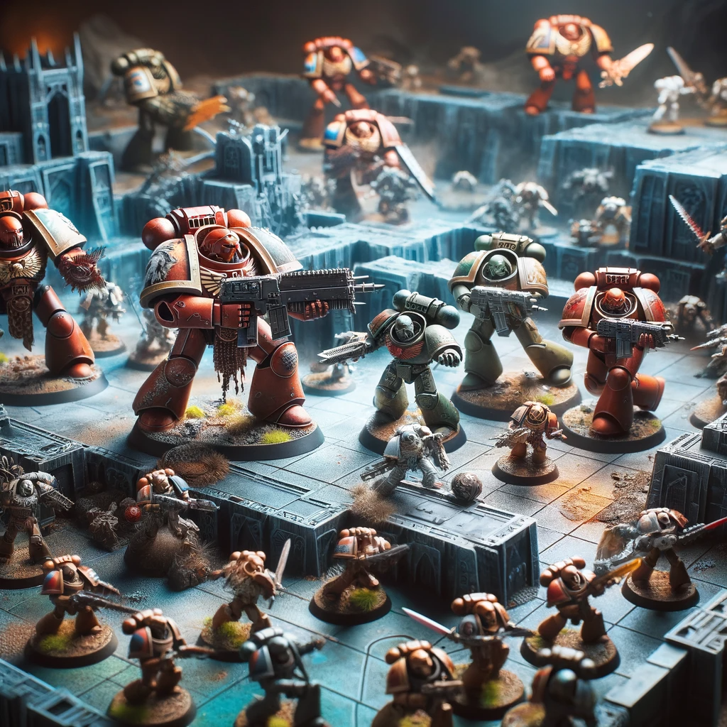 Action-packed Warhammer game scene with players deeply engaged in strategic combat.
