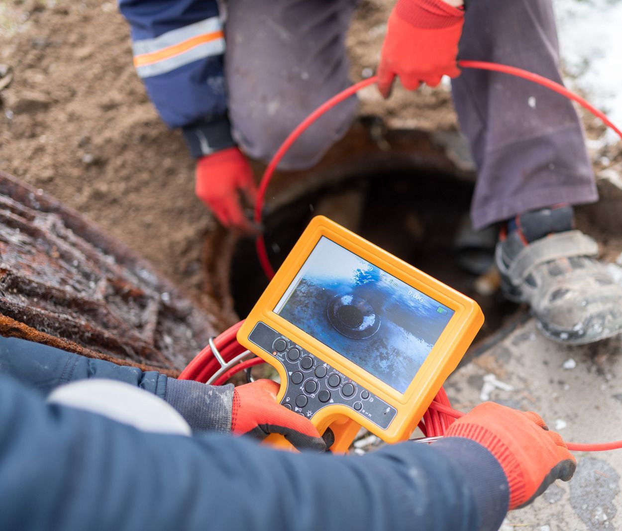 A man is using a camera to look into a manhole.