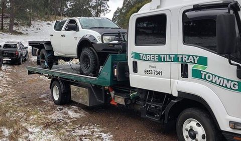 Truck Loaded With White Pickup Car — Emergency Towing in Taree, NSW