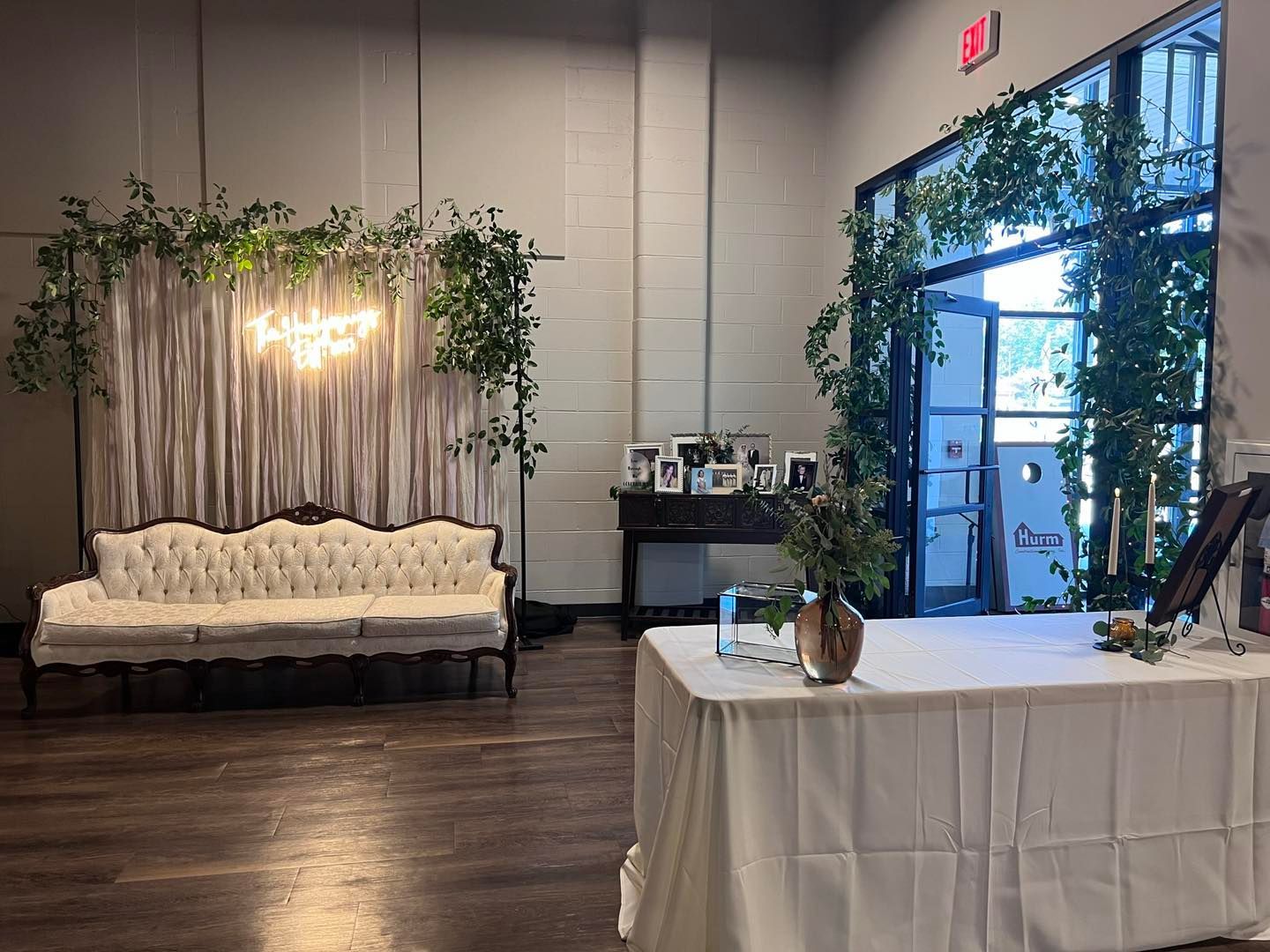 There is a couch and a table in the room.