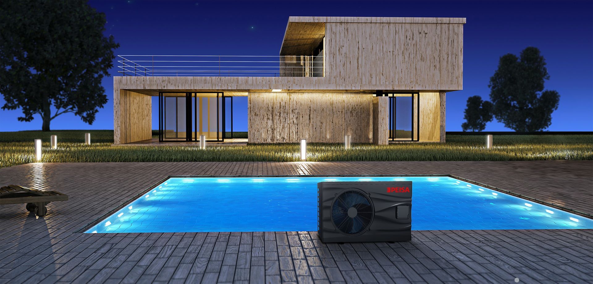 Una casa moderna con piscina, vista de noche. Una máquina se encuentra junto a la piscina.