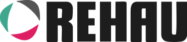 Logotipo de REHAU: texto negro y una forma geométrica con segmentos de color verde azulado, gris y magenta.