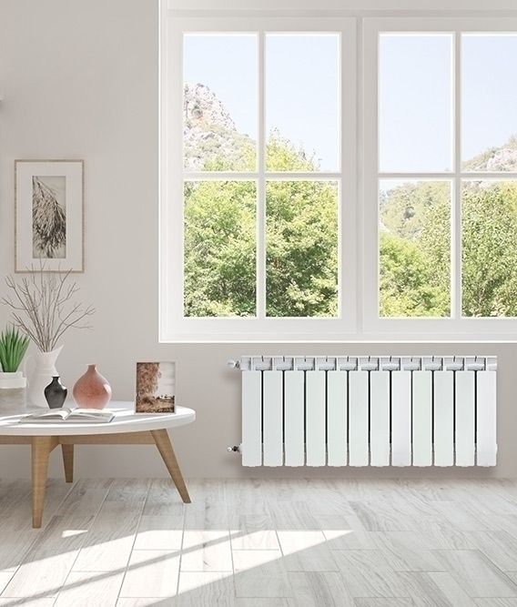 Radiador blanco bajo una ventana con vistas a un paisaje verde en una habitación llena de luz.