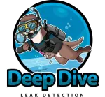 Logo featuring a scuba-diving otter holding a magnifying glass in a blue circle, above text: "Deep Dive LEAK DETECTION."