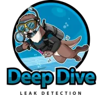 Logo featuring a scuba-diving otter holding a magnifying glass in a blue circle, above text: "Deep Dive LEAK DETECTION."