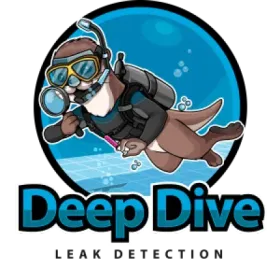 Logo featuring a scuba-diving otter holding a magnifying glass in a blue circle, above text: "Deep Dive LEAK DETECTION."