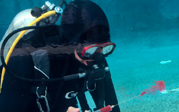 A scuba diver wearing black gear underwater releases a small cloud of red dye from a syringe into the water.