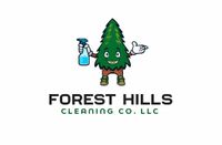Smiling cartoon tree holding spray bottle, gesturing, "Forest Hills Cleaning Co. LLC" text below.